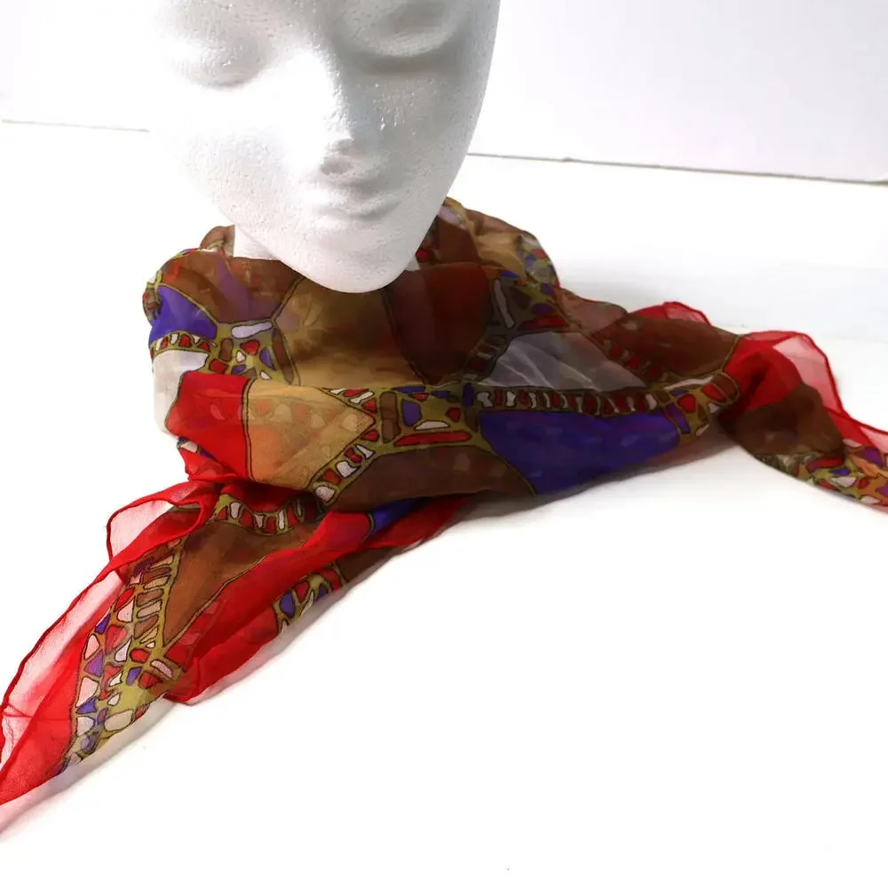 Vintage Chiffon Silk Red Purple Boho Retro‎ Rectangle Sheer Scarf Whimsical VTG